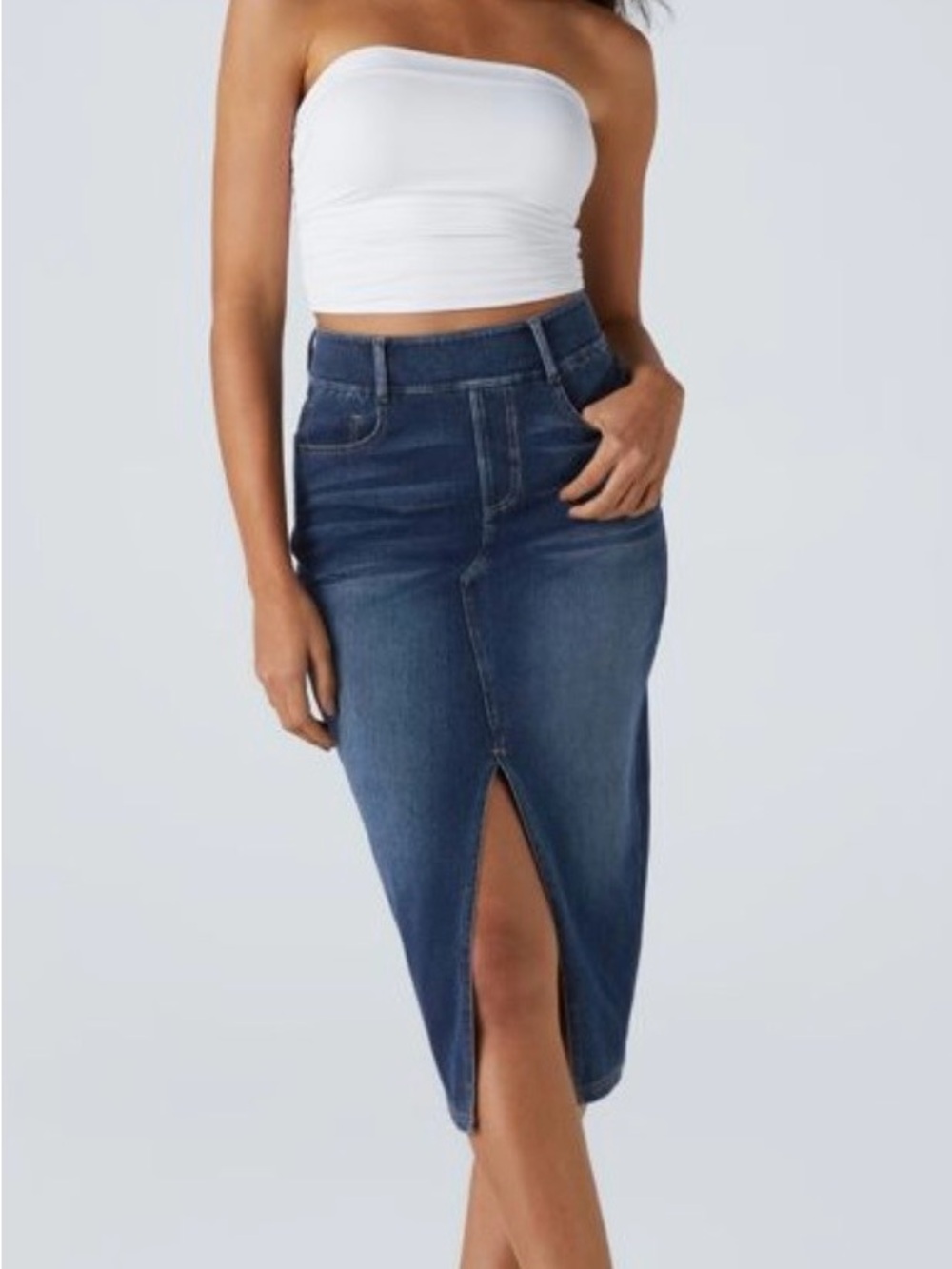 Halara Flex™ High Waisted Pockets Bodycon Washed Denim Casual Midi